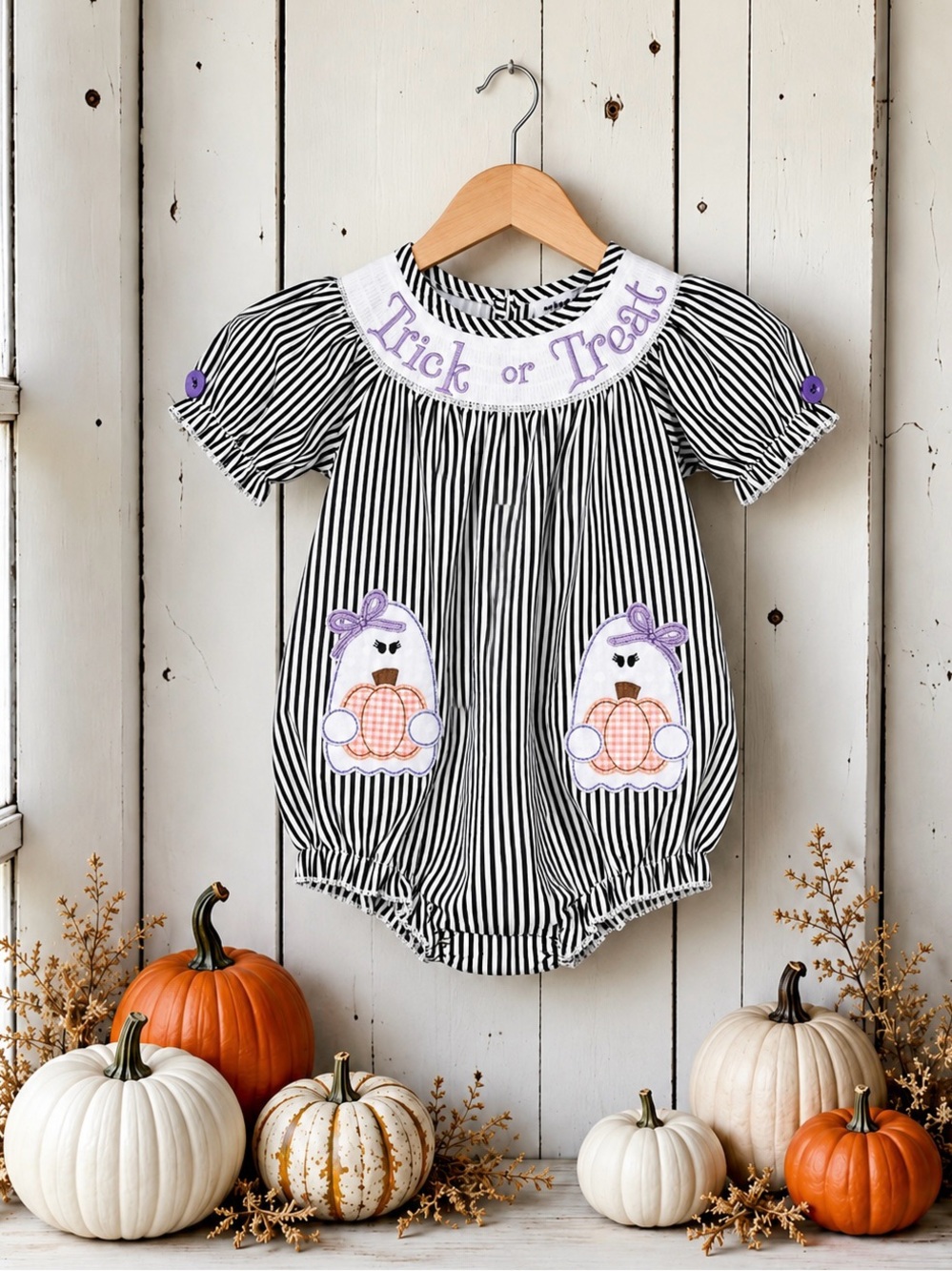 Rylee Faith Designs Ghostie Girl Smocked Bubble Romper Embroidered Size 18M